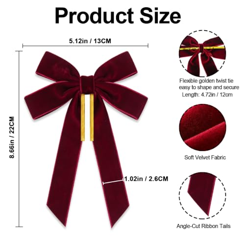 Velvet Bows for Christmas Tree, Burgundy Christmas Ornaments, 12Pcs, 5x 8IN - image 4
