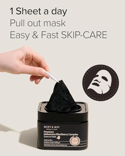 Image of Mary&May Idebenone Blackberry Essence Mask, Bamboo Charcoal, 20 Sheets | Premium Korean antioxidant mask, 500ppm idebenone, 63% berry, 6 peptides, stable vitamin C, niacinamide & ceramide, pull-out