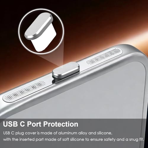 Tapón antipolvo USB C para iPhone 17 Pro Max con protector de altavoz plata 3
