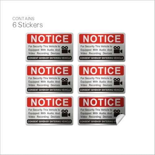 Image of 6 pieces Notice Vehicle is Equipped With Audio And Video Recording Devices,In Car Camera Recording Stickers for Cars, Brushed Silver,3.3inx2in