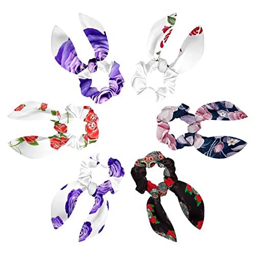 Chouchous cheveux avec nœud lot de 6 élastiques motif roses chinoises pour queue de cheval