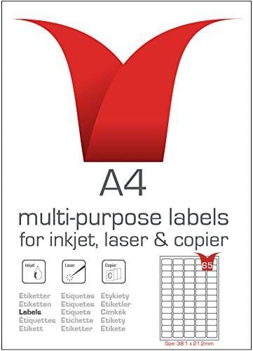 Multi-Purpose A4 White Self-Adhesive Labels - Die Cut 38.1 x 21.2mm - 65 Labels per Sheet - 100 Sheets per box/6500 Labels per Pack