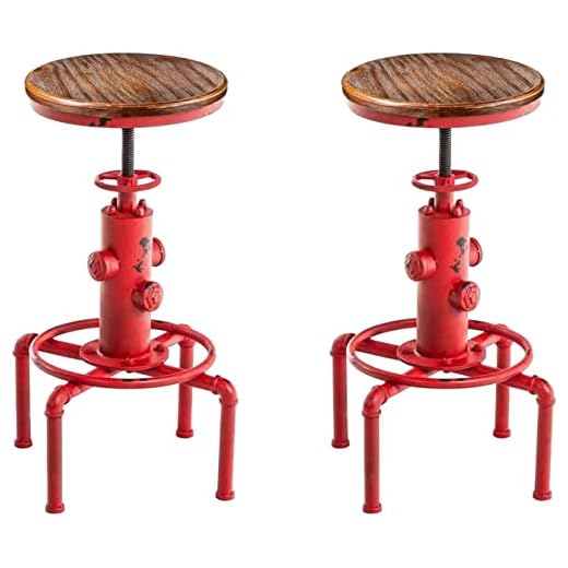 Topower American Antique Vintage Industrial Barstool Solid Wood Water Pipe Fire Hydrant Design Cafe Coffee Industrial Bar Stool Set of 2 (Antique Red, 2)