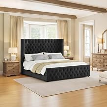 Jocisland King Size Platform Bed Frame, 6.3 Thick Upholstered Curved Wingback Deep Button Tufted Headboard and Footboard, No Box Spring Needed, Easy Assembly, Black Velvet