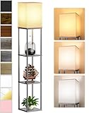 Floor Lamp with Shelves for Living Room, Shelf Floor Lamp with 3 CCT LED Bulb, Corner Display Standing Column Lamp Etagere Organizer Tower Nightstand with White Linen Shade for Bedroom, Dark Gray