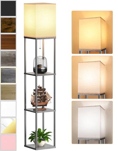 Floor Lamp with Shelves for Living Room, Shelf Floor Lamp with 3 CCT LED Bulb, Corner Display Standing Column Lamp Etagere Organizer Tower Nightstand with White Linen Shade for Bedroom, Dark Gray