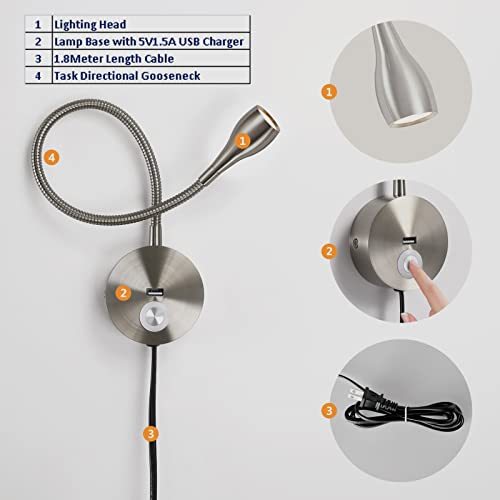 Rayefo Dimmable Bedside Plug In Reading Light, Minimalist Led Bed Reading Lamp Headboard Wall Mount Sconce With Usb Charger (Brushed Nickel) #TOP1