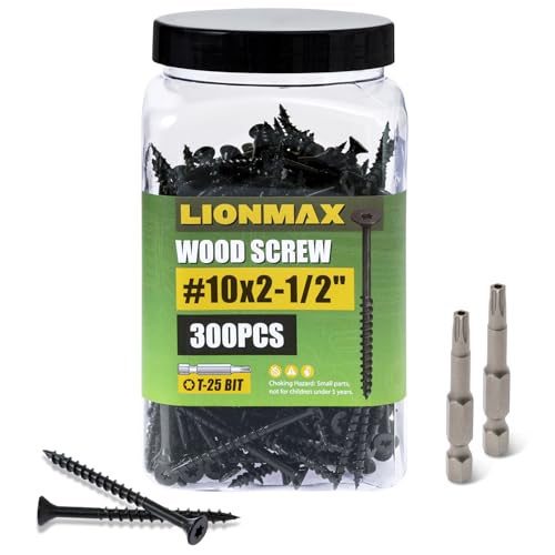 Image of LIONMAX Deck Screws 2-1 /2 Inch, Wood Screws #10 x 2-1 /2 inch, 300 PCS, Rust Resistant, Exterior Epoxy Coated, Outdoor Decking Screws, Torx /Star Drive Head Screw, T25 Star Bit Included, Black
