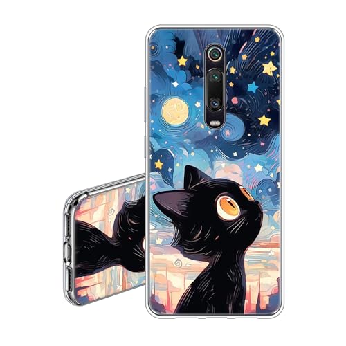 JEZSTHAI Custodia Compatibile con Xiaomi Mi 9T Cover Trasparente in Silicone Con Design Grafico,Ultra Sottile Antiurto Antigraffio Morbida TPU Protettiva Case,Gatto