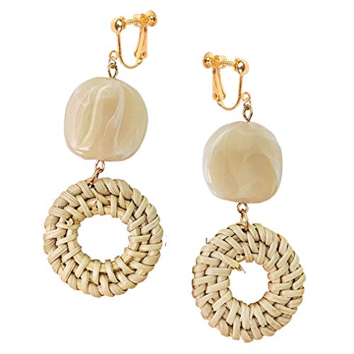 Diyear Handmade Non Pierced Rattan Dangle Clip On Earrings For Women Girl Dainty Braided Nature Wicker Straw Jewelry Adjustable Screw Back And Geometric Round Stone Bead Drop Gold Plated #TOP15