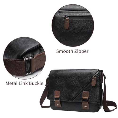 Nayubo Herren Umhängetasche Große Kapazität PU Leder Verstellbarer Riemen Aktentasche Schräger Reißverschluss Retro Satchel Lässige Umhängetasche für Reisearbeit Büro Business (Schwarz)