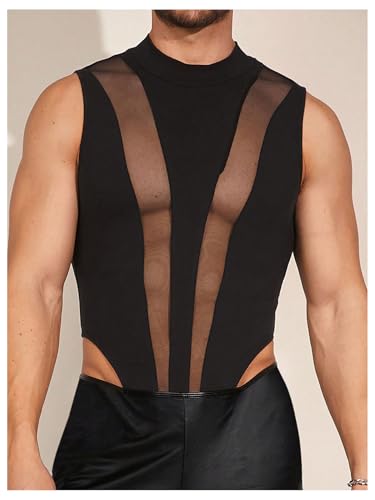 WDIRARA Men's Sheer Mesh Bodysuit See Through Sleeveless Mock Neck Shapewear Leotard4