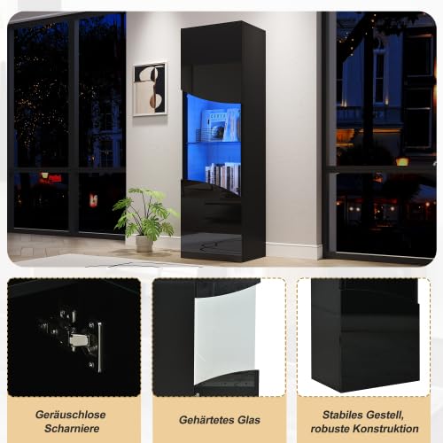 Merax Vitrina de 35 x 50 x 165 cm, vitrina de cristal brillante con control de aplicación LED, armario de vitrina con puerta de cristal y 4 estantes, vitrina de pie, armario multifunción, color negro