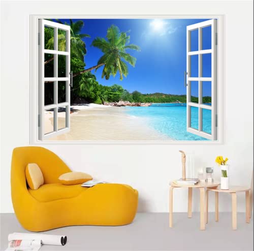 Thnwsy Self-Adhesive Wall Sticker Romantic Living Room Bedroom Study Office Decorative Wall Sticker Ocean Scenery Fake Window Sticker Mural (17.3"×27.6", Palm Beach) #TOP4