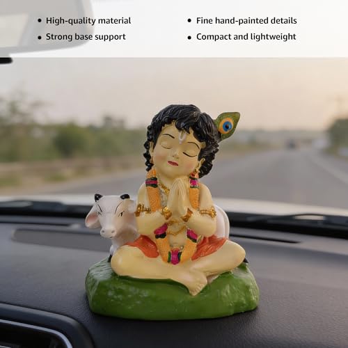Image of Premium Bal Krishna Resin Idol for Car Dashboard, Home Temple & Office (7 x 6.5 x 4.5 cm) | Handcrafted Laddu Gopal Murti Showpiece for Vastu, Peace & Protection (Color: Natural)