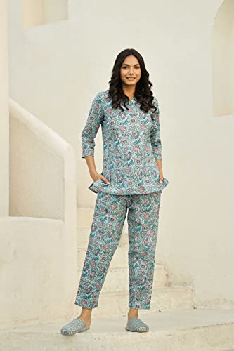 Image of SANSKRUTIHOMES Women's Premium 100% Cotton Printed Co-Ord Set | Short Sleeve Shirt & Pant Set | Pink Checkered Sun & Palm Tree Print | Casual Summer Resortwear, Vacation Wear & Comfortable Loungewear