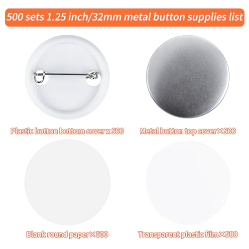 500 Sets 32mm/1.25 Inch Button Making Supplies - Round Badge Parts for Button Maker Machine Including Plastic Pin Back Cover, Metal Covers, Blank Paper and Clear Plastic Film by MK.Bear - Used condition - Image 2