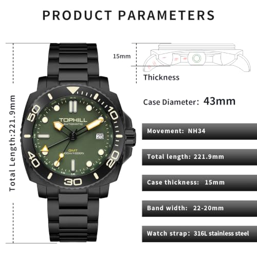 Image of TOPHILL Men Watches Automatic Mechanical Watches - Dive, GMT, Chronograph & Dress Styles | 316L Stainless Steel, Sapphire Crystal, Ceramic Bezel | 5ATM-300M Waterproof with Super Luminous | Classic Business & Sport Casual