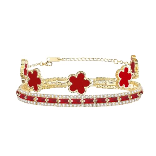 2Pcs Stackable Bracelet Set for Women Red Cubic Zirconia Tennis Bracelet Adjustable 18K Plated Clover Bracelet Set Trendy Gifts for Women (Red)
