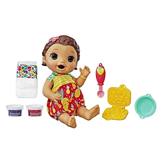 Baby Alive Super Snacks Snackin’ Lily Baby: Brunette Hair Baby Doll That Eats, with Reusable Doll Food, Spoon and 3 Accessories, Perfect Doll for 3 Year Old Girls and Boys and Up
