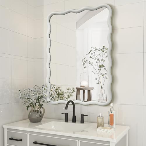 White Wavy Mirror Solid Wood Squiggly Mirror Vanity Mirror Wall Decor Modern Mirror Wall Decor for Bathroom Bedroom Living Room Dining Room Cloakroom Entryway