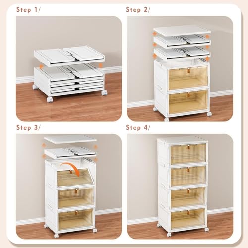 Image of TidyTrove Storage Boxes with Lid, 4-Tier Plastic Stackable Storage Boxes with 1 Lid 28L /Tier, Folding Storage Bins with Wheels, Storage Organizer for Bedroom Living Room Study Office