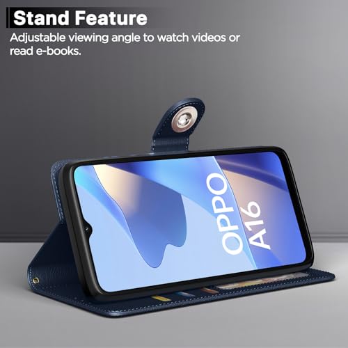 Image of Pikkme Flip Cover Leather Finish | Inside TPU with Card Pockets | Wallet Stand and Shock Proof | Complete Protection Button Flip Case for Oppo A16 (Blue)