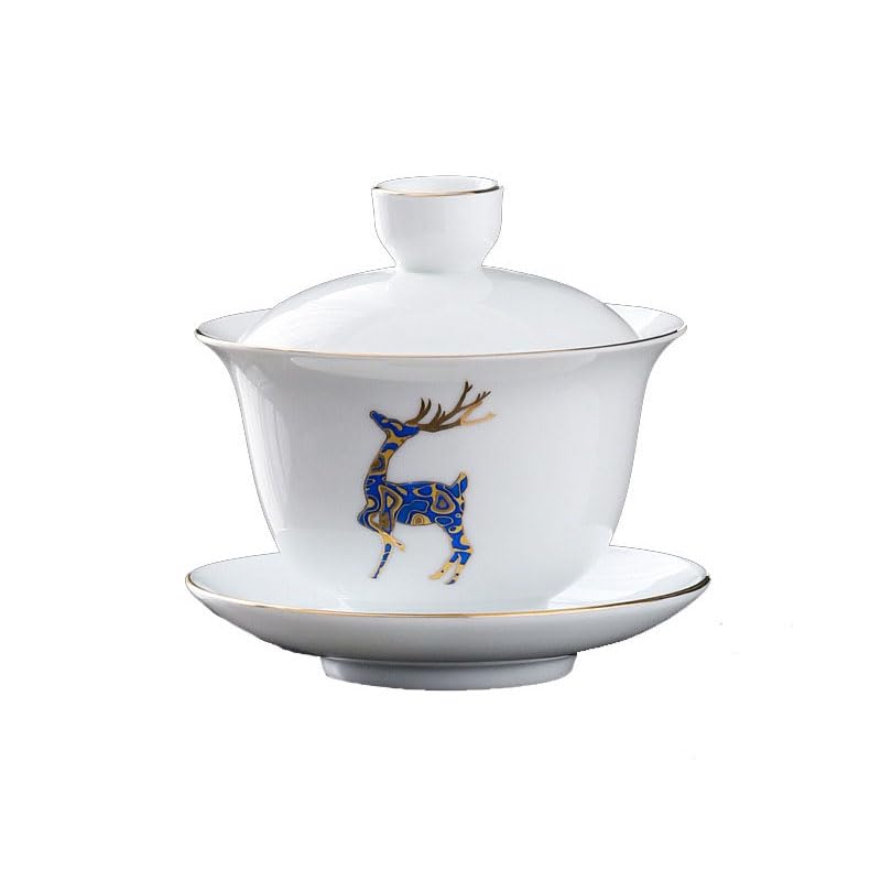 Image of Liang baobao Porcelain Gaiwan 8oz Teacup White Glazed Tureen Chinese Sancai Cover Bowl Lip Cup Saucer Set (Blue Deer)