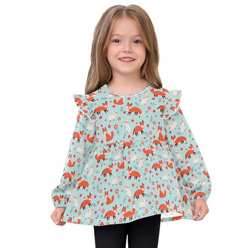 Fox with Rabbit Flowers Girls Shirts Cotton Long Sleeve Ruffle Toddler Tee Tops3