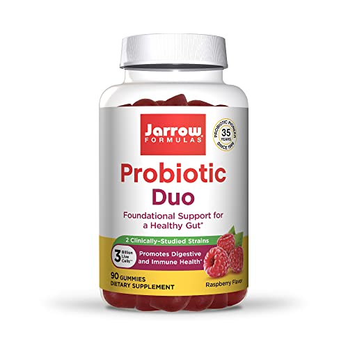 Jarrow Formulas-Probiotic Duo Dietary Supplement for Digestive Support & Immune Health- 3 Billion CFU- 2 Clinically Studied Probiotic Strains- 90 Gummies- Raspberry Flavor- Shelf Stable