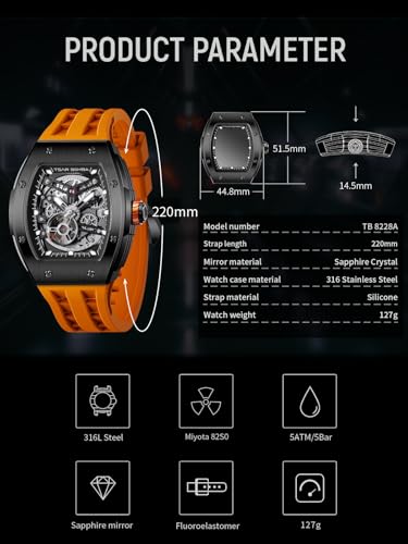 Image of TSAR BOMBA Mens Luxury Watch Automatic Watches for Men 50M Waterproof Japanese Mechanical Movement Tonneau Stainless Steel Case Sapphire Glass Big Face Cool Unique Fashion Gift Men