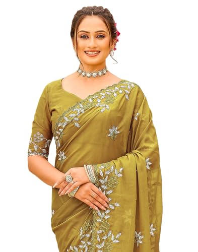 Image of SIRIL Women's Shimmer Georgette Embroidery & Scalloped Border Saree With Unstitched Blouse Piece