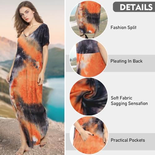 Image of Match Women's V-Neck Casual Loose Short Sleeve Long T-Shirt Dress Split Maxi Dress with Side Pocket