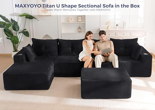 Image of MAXYOYO 132 inch Giant U-Shaped Modular Sectional Couch, Modern Boneless Couch for Living Room, Sofa in A Box, Oversized Sofa with Deep Seat, No Assembly Required, Black