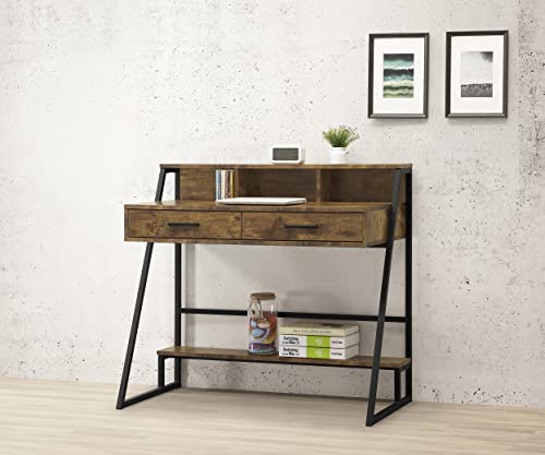RAAMZO Vanity Table, Laptop Computer Desk, Makeup Vanity Desk with 2 Drawers & 3 Open Shelves, Lower Shelf with Metal Frame in Rustic Nutmeg Brown Finish