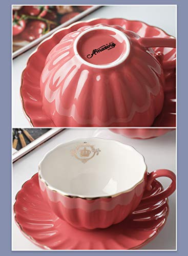 Amazingware Porcelain Tea Set - Tea Cup And Saucer Set Service For 6, With 28 Ounces Teapot Sugar Bowl Cream Pitcher Teaspoons And Tea Strainer - For Thanksgiving - Pumpkin Fluted Shape, Red #TOP2