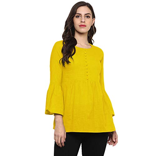 Image of Cotton Plain and Solid Bell Sleeve A-Line Short Round Neck Flared Tunic Top for Girls Women
