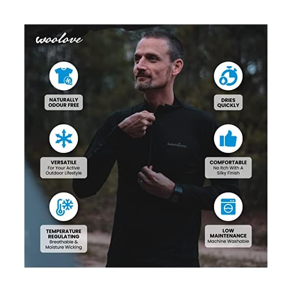 Woolove Mens Quarter Zip – 100% Merino Wool Base Layer – Thermal Pullover Sweater, Breathable, Moisture-Wicking – Midweight (Large, Black) - Image 5
