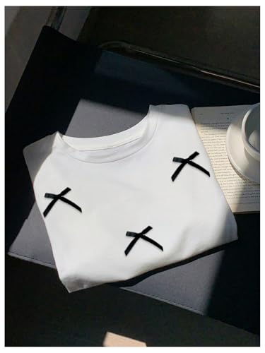 Image of RoseSeek Women's Bow Print Short Sleeve Round Neck Oversized Tops Basic Loose Fit Drop Shoulder Tees for Summer