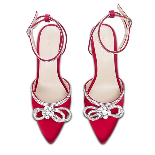 Rhinestone Bow Heels for Women, Slingback Kitten Heels Pumps Stilettos Satin, Closed Pointed Toe Ankle Strap Kitten Heel Sandals Formal Shoes for Wedding Bridal Party Evening Prom Dress Shoes4