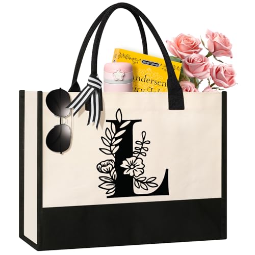Image of Tecanne Personalized Initial Canvas Tote Bag, Suitable for Birthday, Wedding, Beach, Holiday, Gifts for Women, Mom, Teachers, Nurses, Best Friends, Bridesmaids (L)