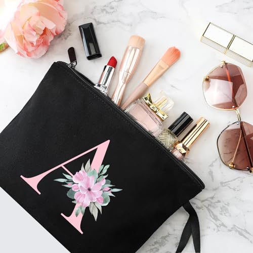Image of Vavabox A-Z Personalized Makeup Bag, Birthday Gifts for Women Mom, Gifts for Best Friend, Bride Bridesmaid Cosmetic bag (A, 02-Black)
