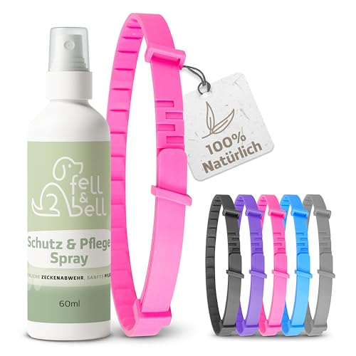 fell&bell Zeckenhalsband Mit 60 ml Kokos-Pflegespray – Natürliche Öle Gegen Ungeziefer – Hunde Halsband In 5 Farben – Bis 8 Monate Schutz – Flohhalsband - Wasserfest – Für Alle Hunde (Pink)