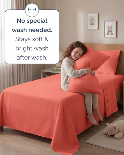 Image of Twin 4 Piece Bed Sheet Set - Comfy, Breathable & Cooling Sheets - Coral | Ultra Soft Hotel Luxury Bedding Set with 8-16 Inch Deep Pockets, 1 Flat & 1 Fitted Sheet & 2 Pillowcases, Wrinkle & Fade Free
