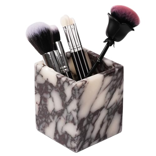 LWALMS Marble Makeup Brush Holder - Viola Candle Toothbrush Cup For Bathroom Accessories Decorative Pencil Organizer For Office Desk Aesthetic Stone Utensil Container For Kitchen Countertop