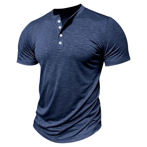 Men Quarter Button Casual Polo Shirt Solid Short Sleeve Round Neck Daily T-Shirt Summer Henry Exercise Pullover Top (Dark Blue,Small)