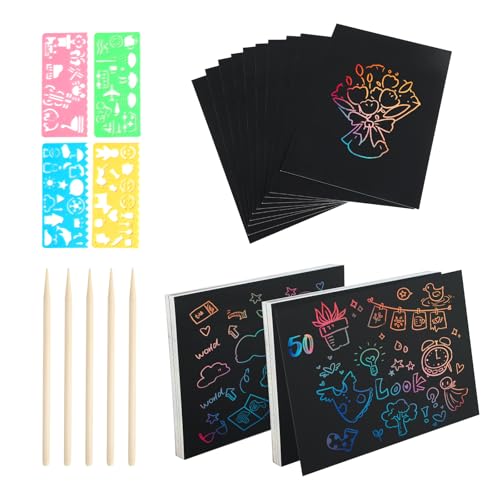Dibujos para rascar para niños – 50 hojas Rainbow Scratch Paper, 5 lápices y 4 plantillas, scratch art, detalles cumpleaños niños, regalos cumpleaños niños colegio, kit de dibujo DIY para niños