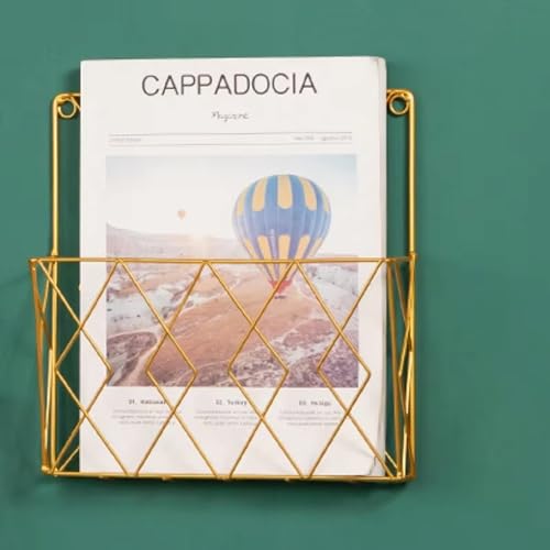 Image of Hanging File & Magazine Holder - Wall Mounted Metal Organizer for Newspapers, Documents & Office Storage | Decorative Wall Rack for Home & Workspace (Golden)