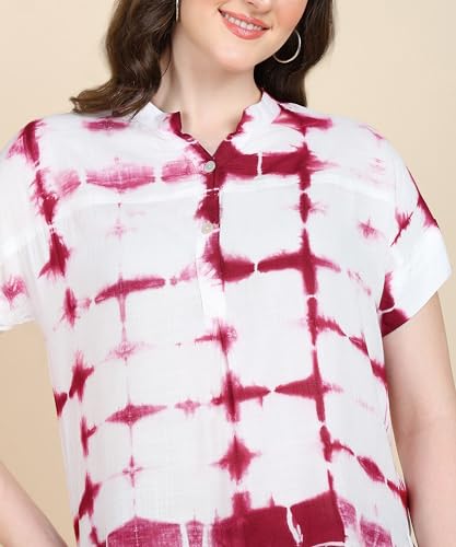 Image of Maaesa Women Handmade Regular Fit Tie-Dye Rayon Top | Casual Wear & Office Wear | Short Sleeve | Mandarin Neck | Lightweight & Breathable Fabric