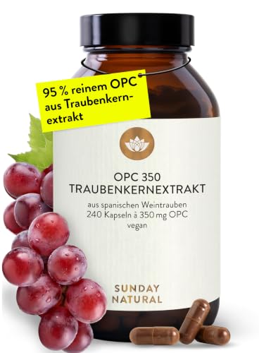 SUNDAY NATURAL OPC Traubenkernextrakt 240 Kapseln mit 95% reinem O.P.C. je Kapsel Höchster OPC Gehalt nach UPLC aus spanischen Weintraube Laborgeprüft in Deutschland vegan